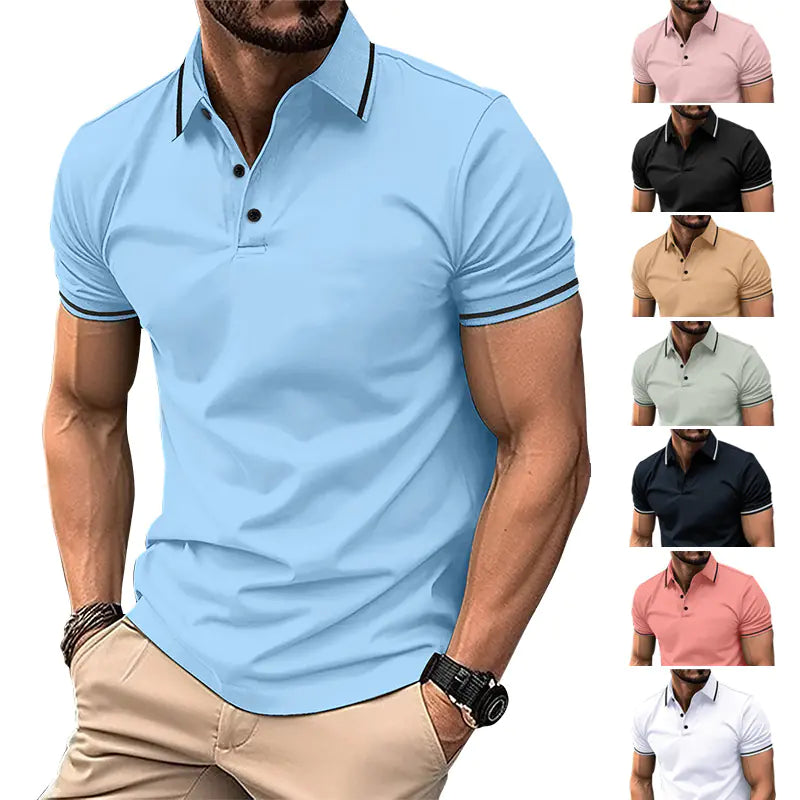 Men's Short Sleeve Buttoned Ribbed Polo Shirt 2023