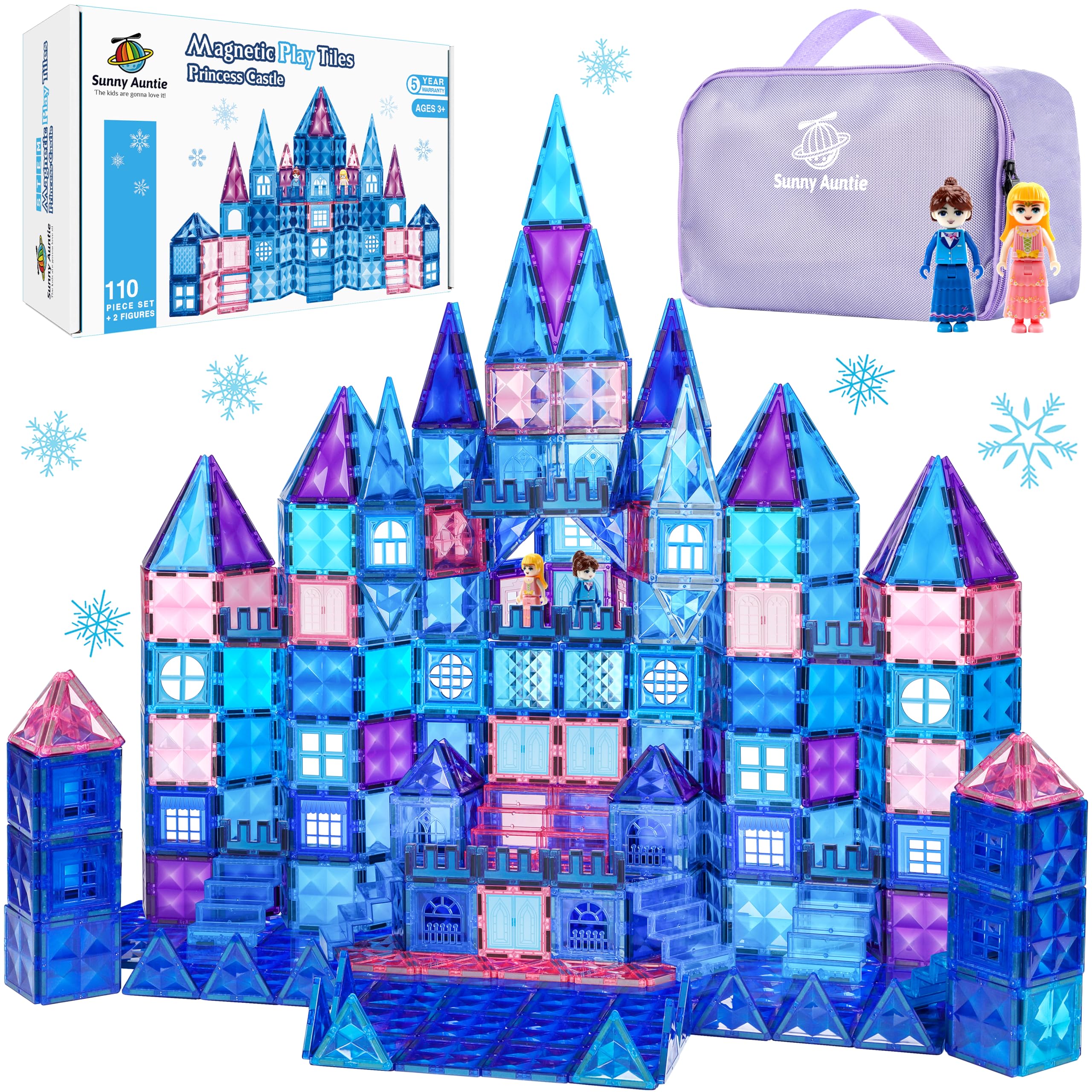 Frozen Magnetic Tiles 110 PCS Princess Castle Magnetic Blocks Frozen Toys for Girls 3 4 5 6 7 8 Year Old Girl Birthday Gift Ideas Magnetic Building Blocks + Zippered Carrying Case + 2 Dolls Gift.