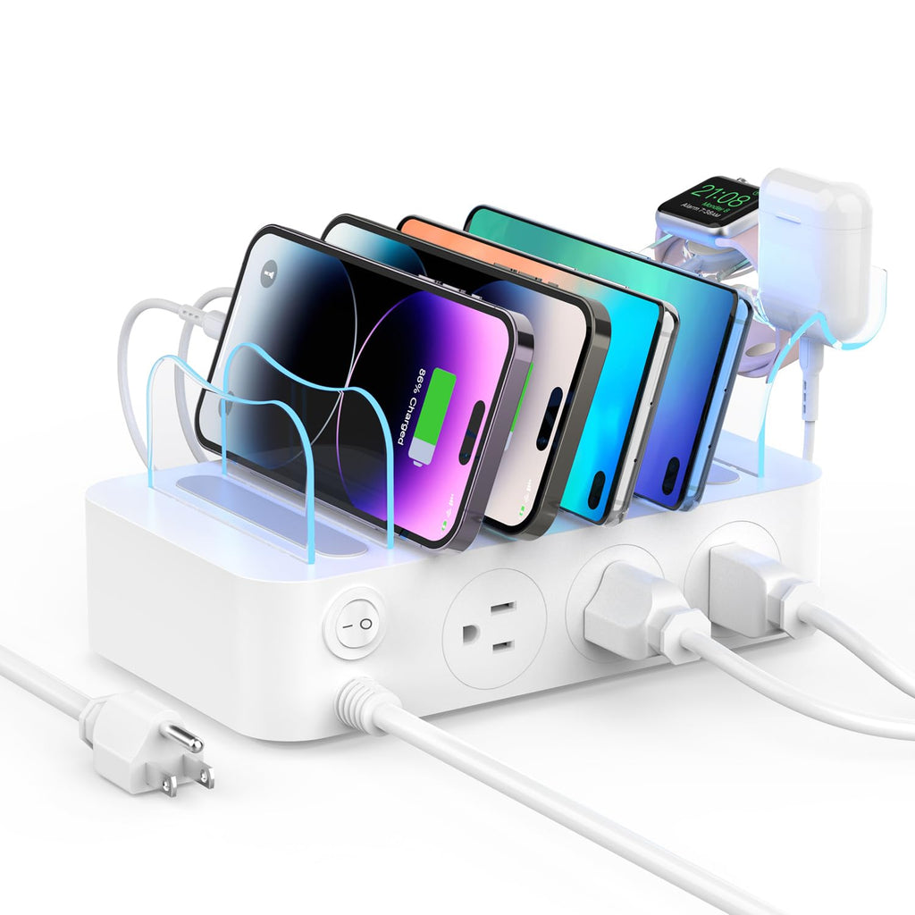 SooPii 60W 6 Port PD Charging Station for Multiple Devices USB C Charging Dock with 3 AC Outlets 3 USB C 3USB A 6ft Extension Cord Include 6 Mix Cable for lPhoneslPad and Other Electronics