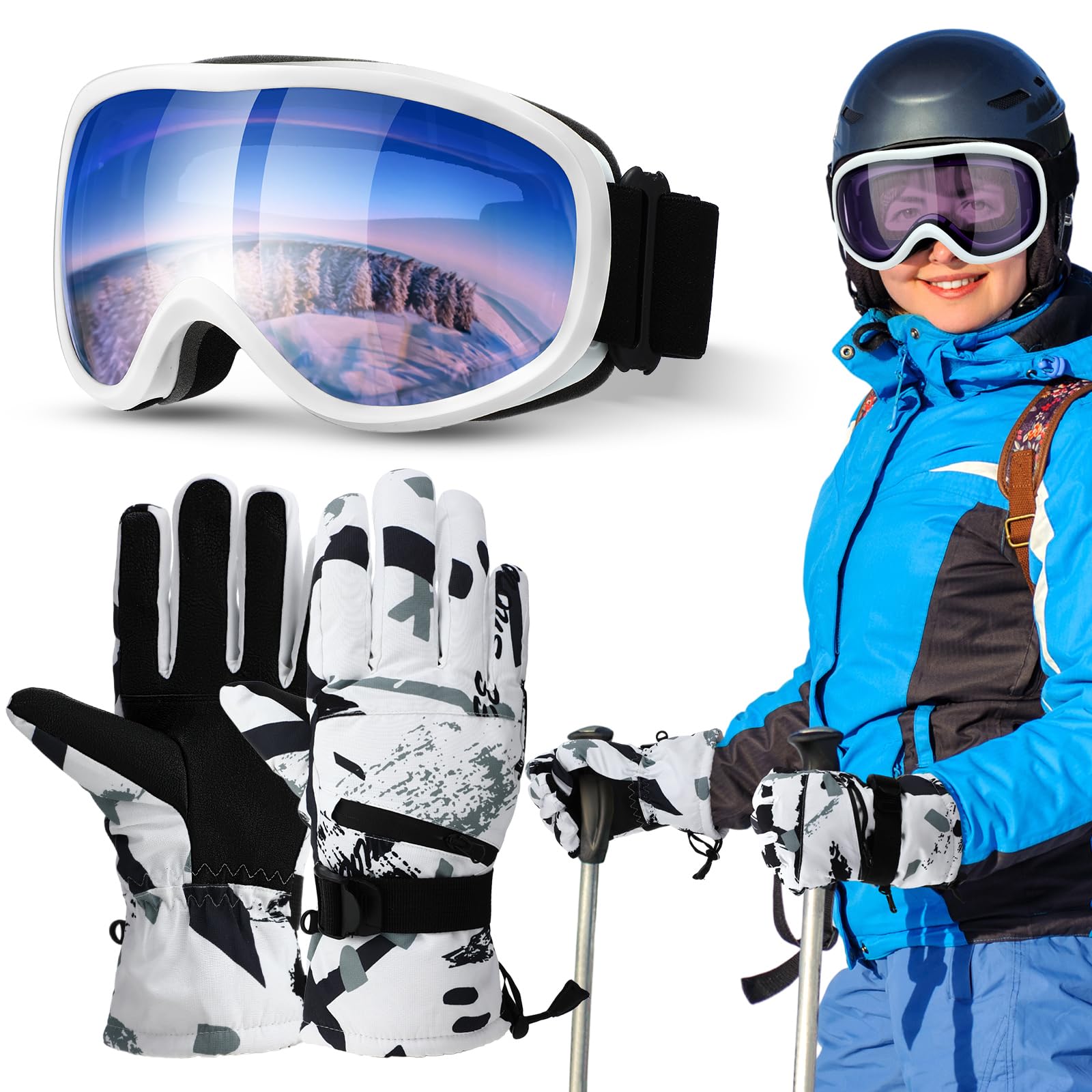 Relaxweex 2 Pcs Ski Goggles and Gloves Set Snow Snowboard Goggles Touchscreen Snow Gloves for Winter Cold Weather(Middle Size)
