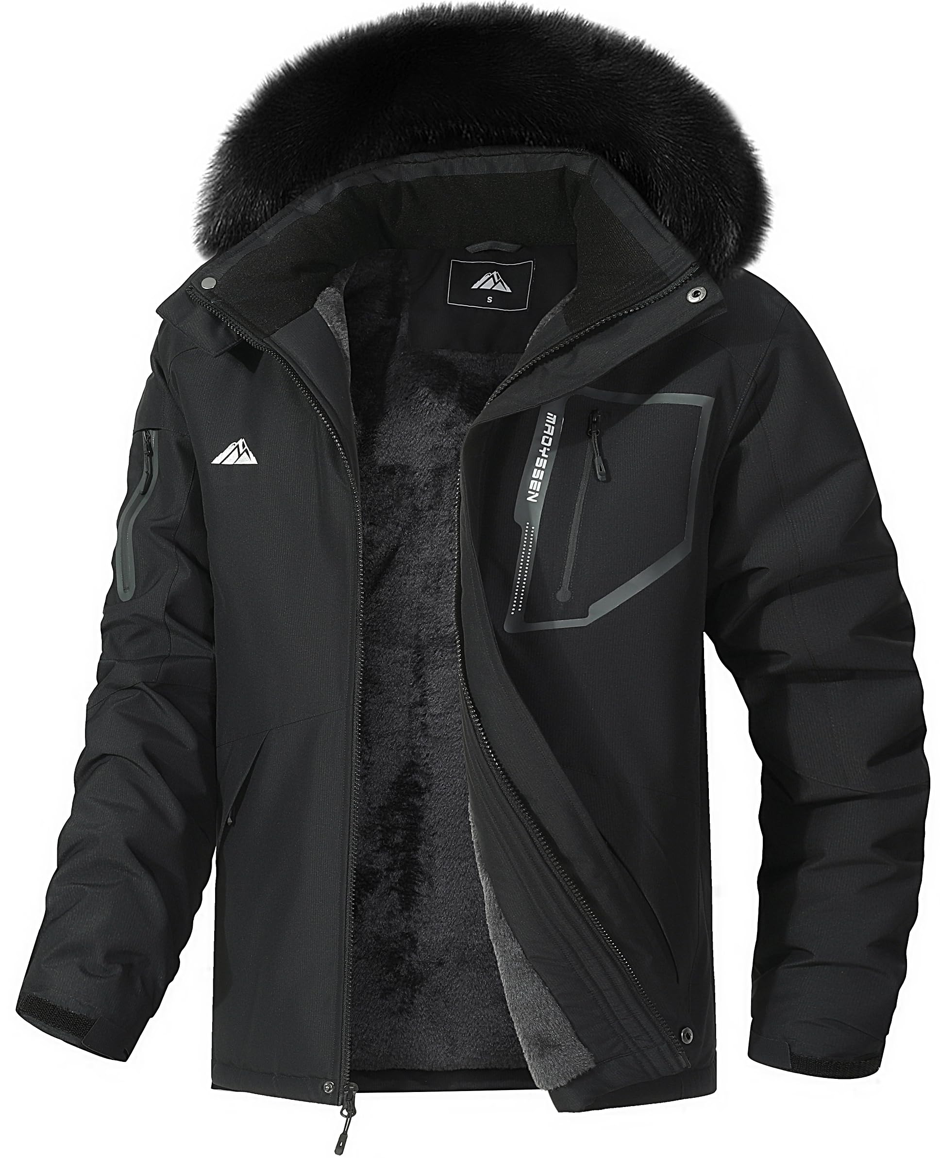 MAOYSSEN Mens Waterproof Ski Jacket Warm Winter Snow Coat Mountain Windbreaker Fur Hooded Snowboarding Jakcet Parka
