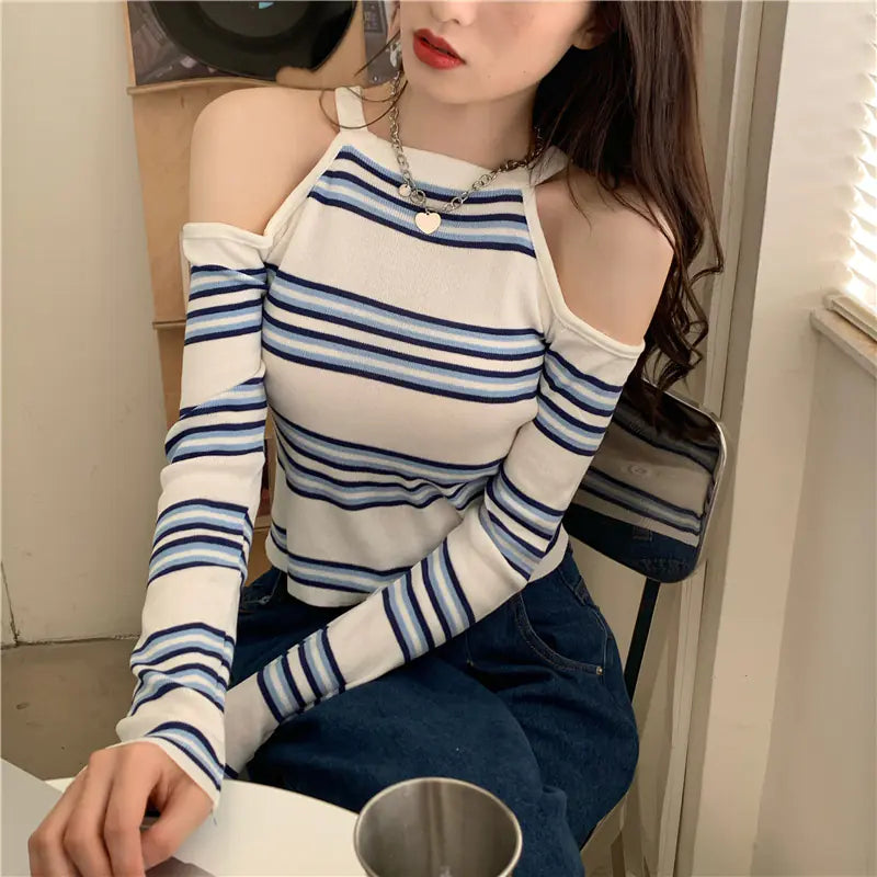 Women’s Off-Shoulder Striped Crop Top with High Waist