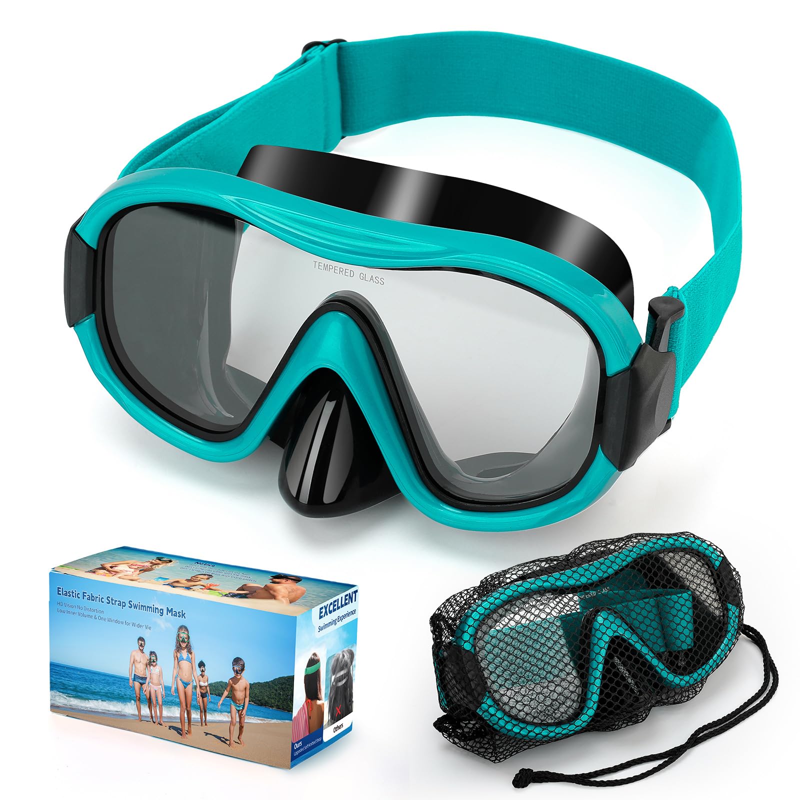 Swimming Goggles Scuba Snorkeling Mask for Adults Adjustable Elastic Knitted Strap Swim Goggles Tempered Glass with Panoramic Scuba Snorkel Diving Mask for Adults