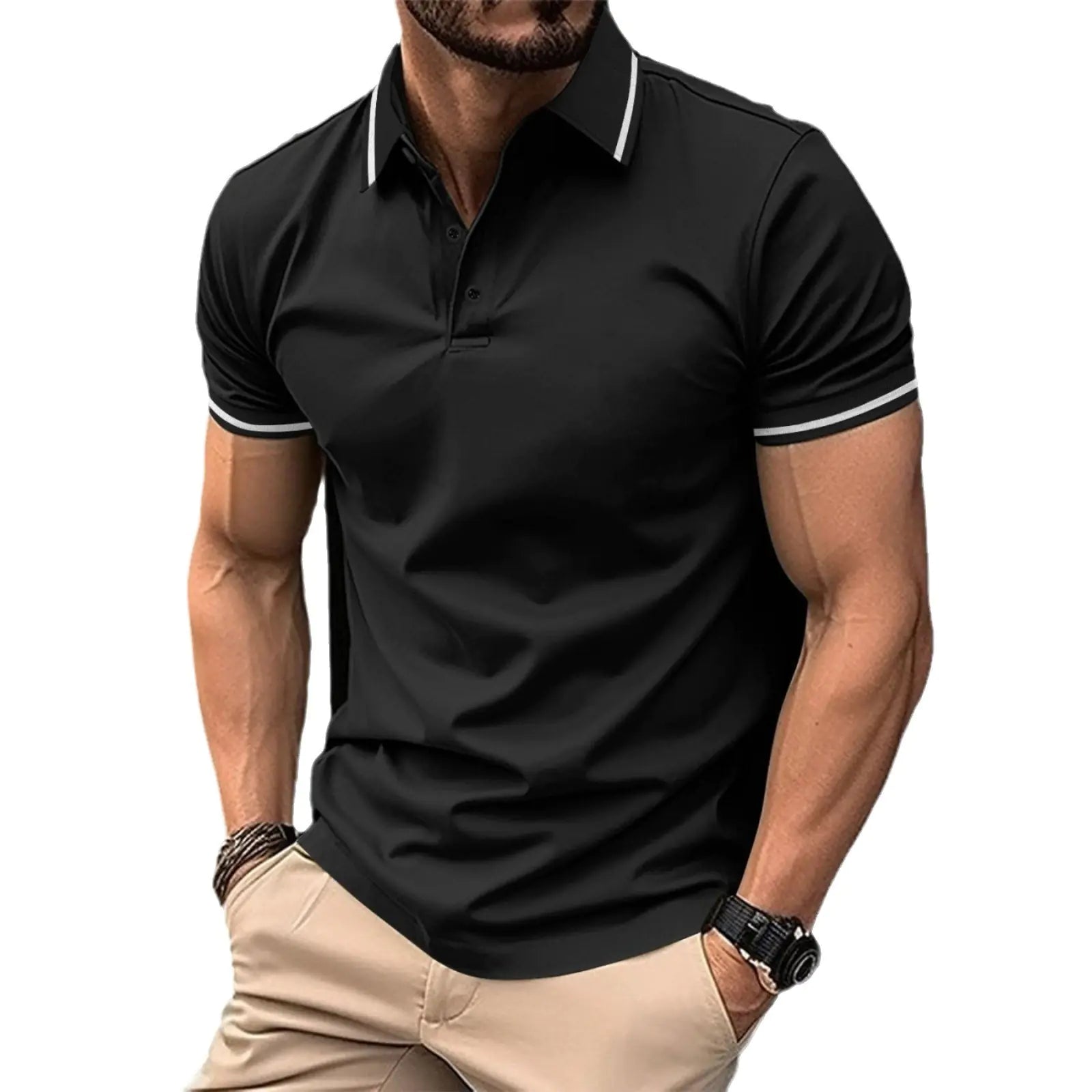 Men's Short Sleeve Buttoned Ribbed Polo Shirt 2023