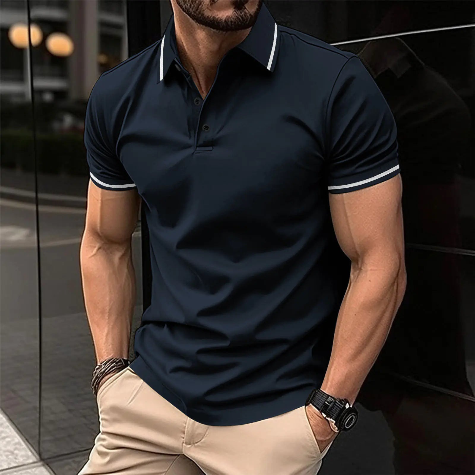 Men's Short Sleeve Buttoned Ribbed Polo Shirt 2023