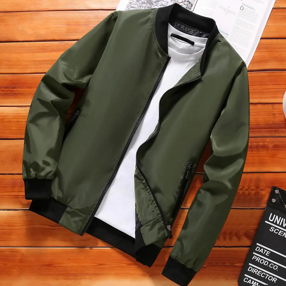 Men's Stand Collar Zip Up Baseball Jacket with Pockets