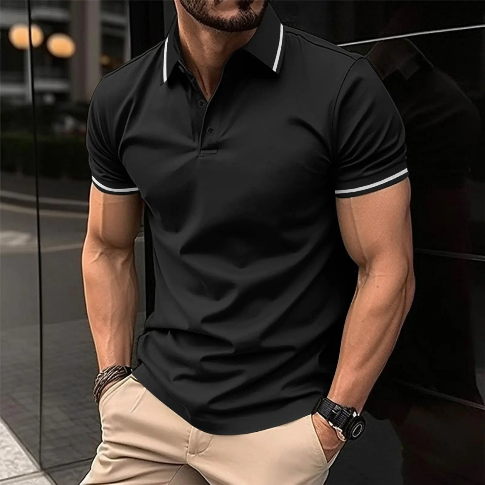 Men's Short Sleeve Buttoned Ribbed Polo Shirt 2023