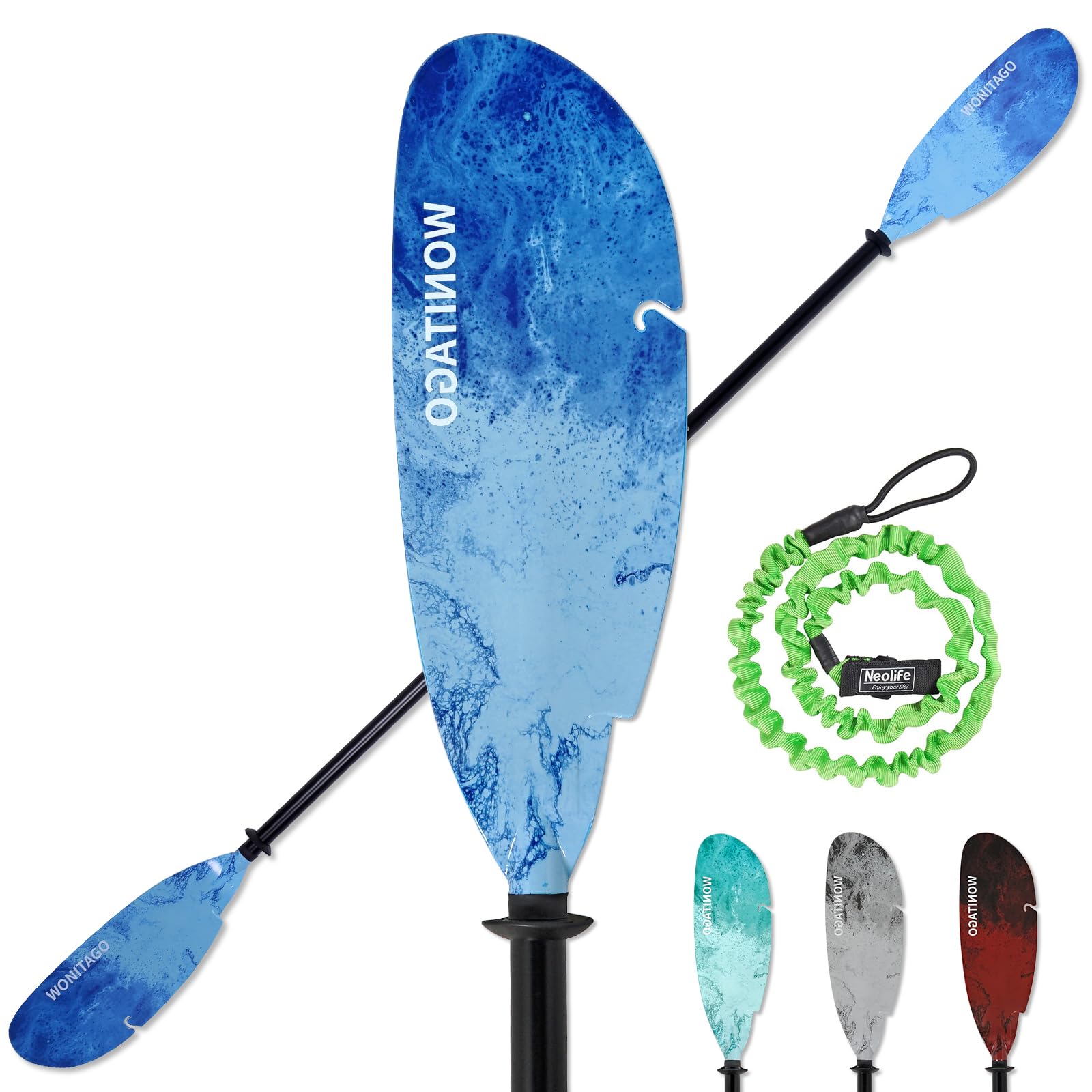 WONITAGO Angler Kayak Paddles Aluminum Paddle with Plastic Blades and Paddle Leash Floating Adjustable Fihsing Kayak Oars 3 Piece 230-250cm/90-98 inch Blue