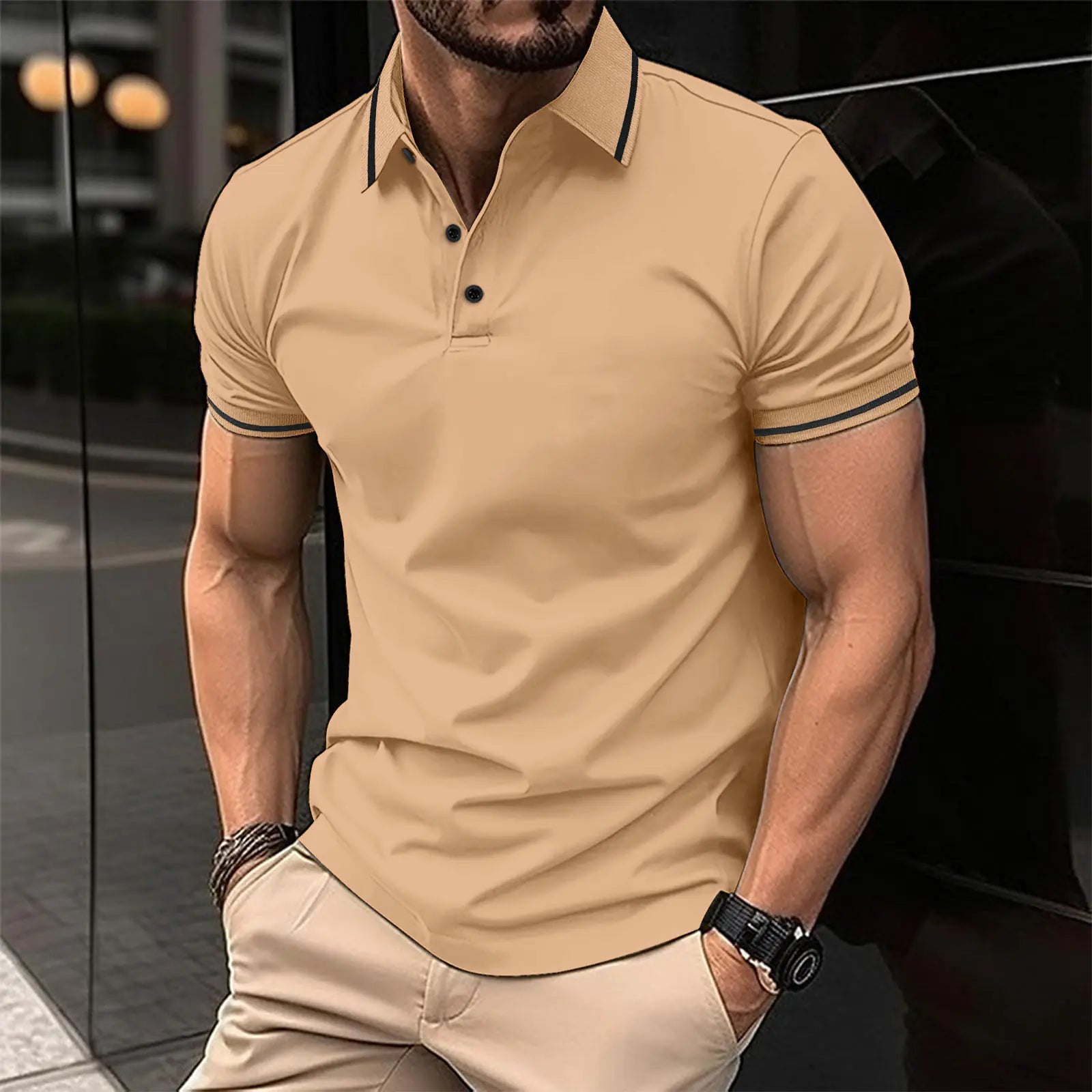 Men's Short Sleeve Buttoned Ribbed Polo Shirt 2023