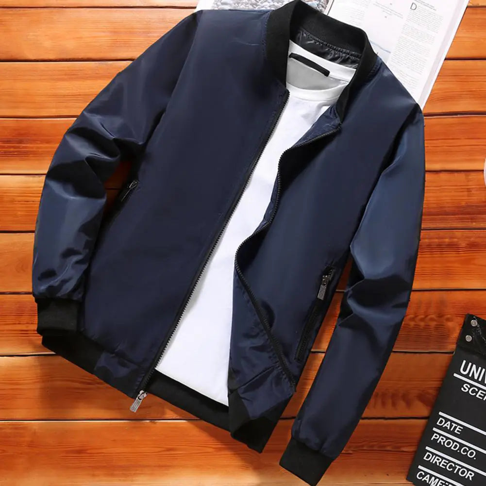 Men's Stand Collar Zip Up Baseball Jacket with Pockets