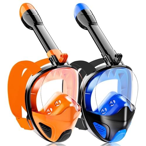 Full Face Snorkel Mask for Adults Teen Snorkeling Gear with Detachable Camera MountPanoramic 180° View Anti-Fog Anti-Leak Snorkling Set for Man and Women (Dark Blue+Black Orange-L-3)