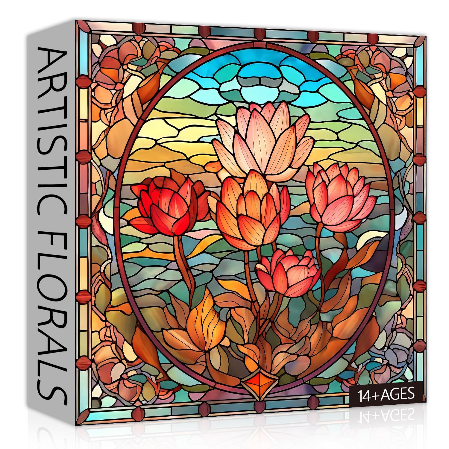 PICKFORU Stained Glass Flower Puzzles for Adults 1000 Pieces Vintage Art Puzzles Floral Impossible Hard Challenging Puzzles for Adults Colorful Stained Glass Jigsaw Puzzle