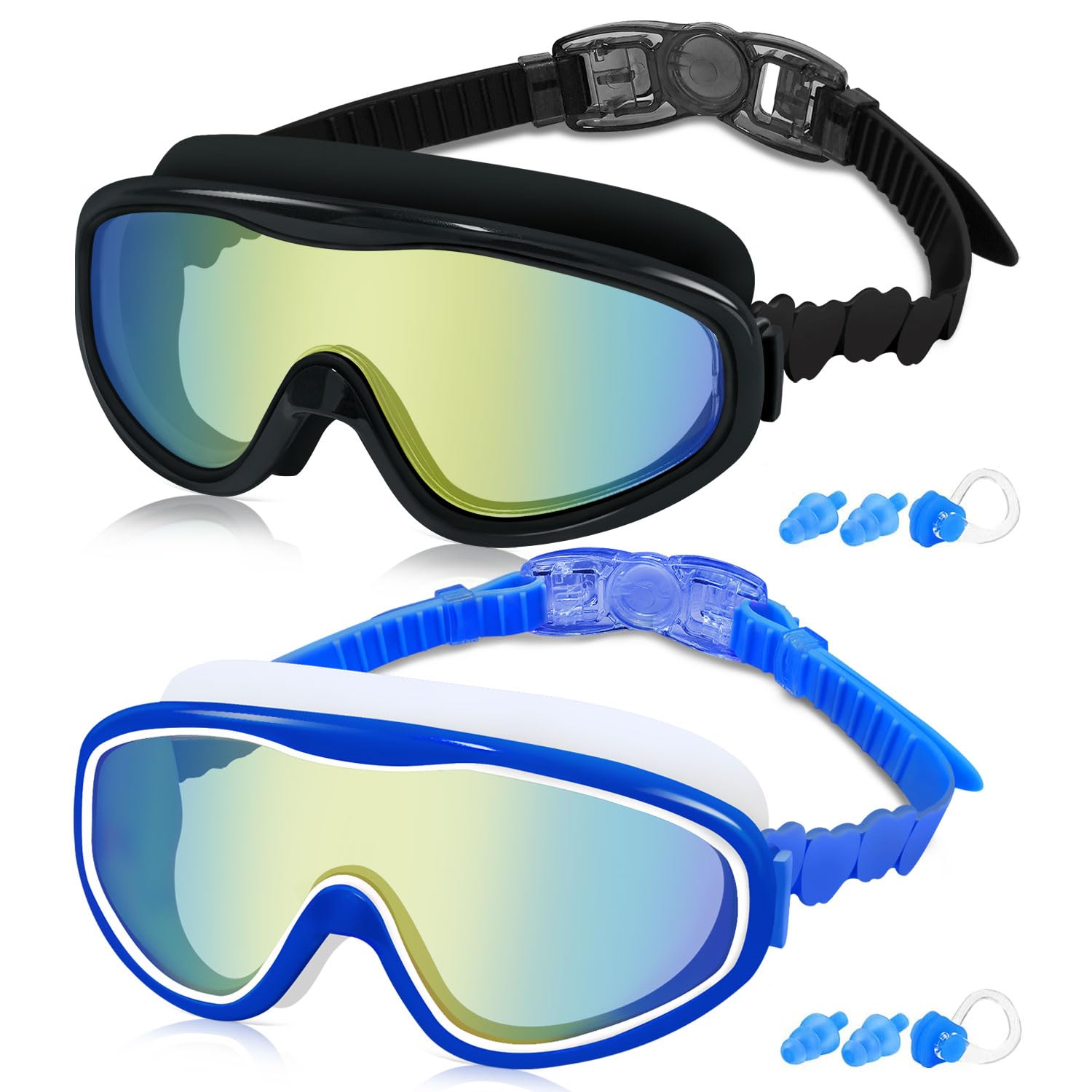 COOLOO Kids Swim Goggles for Age 3-15 2 Pack Kids Goggles for Swimming with Nose Cover No Leaking Anti-Fog Waterproof Black+Blue