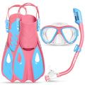Kids Mask Fins Snorkel Set Dry Top Snorkeling Gear for Kids Youth Boys Girls Junior Age 5-15 Tempered Glass Snorkel Mask Set Panoramic View Snorkeling Packages (Pink+Blue XS(11-1))