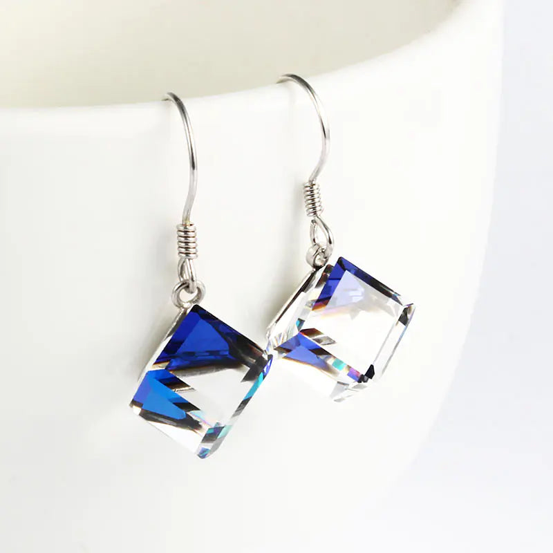 S925 Silver Austrian Crystal Cube Earrings for Women