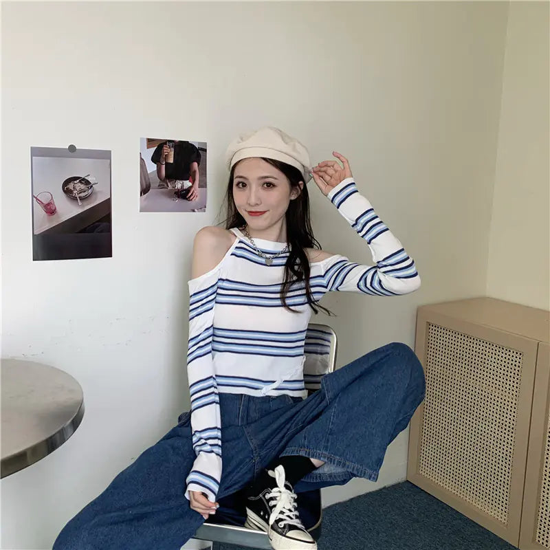 Women’s Off-Shoulder Striped Crop Top with High Waist