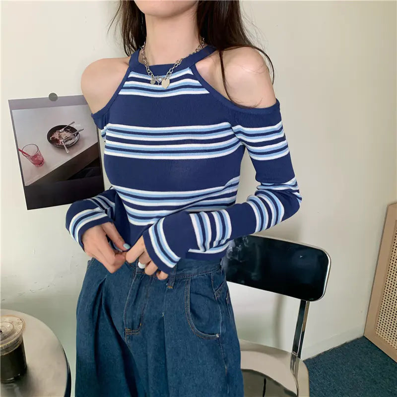Women’s Off-Shoulder Striped Crop Top with High Waist