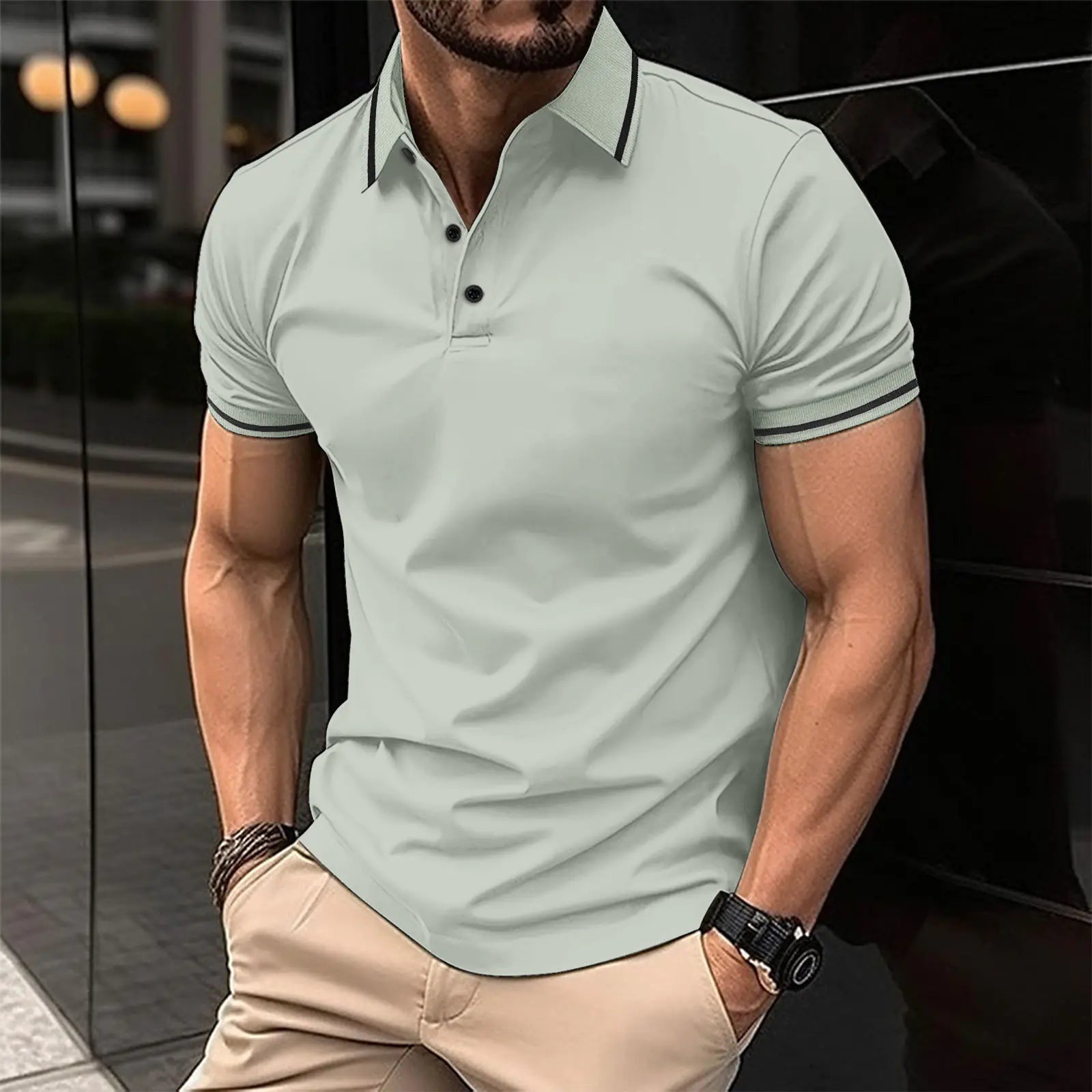 Men's Short Sleeve Buttoned Ribbed Polo Shirt 2023