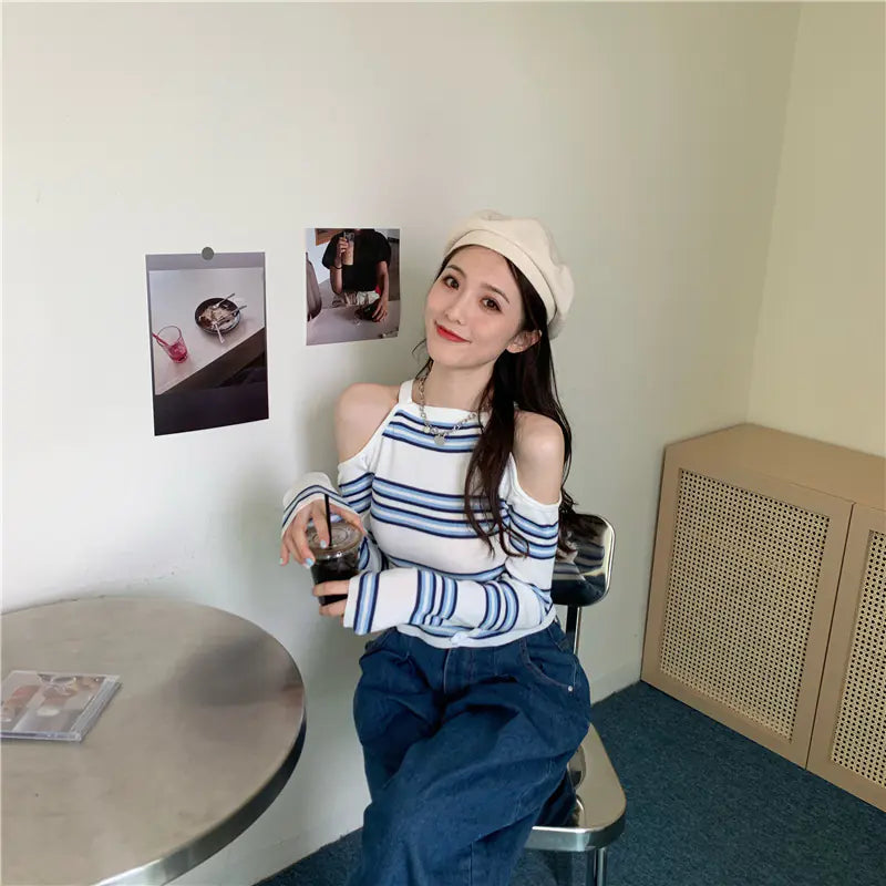 Women’s Off-Shoulder Striped Crop Top with High Waist
